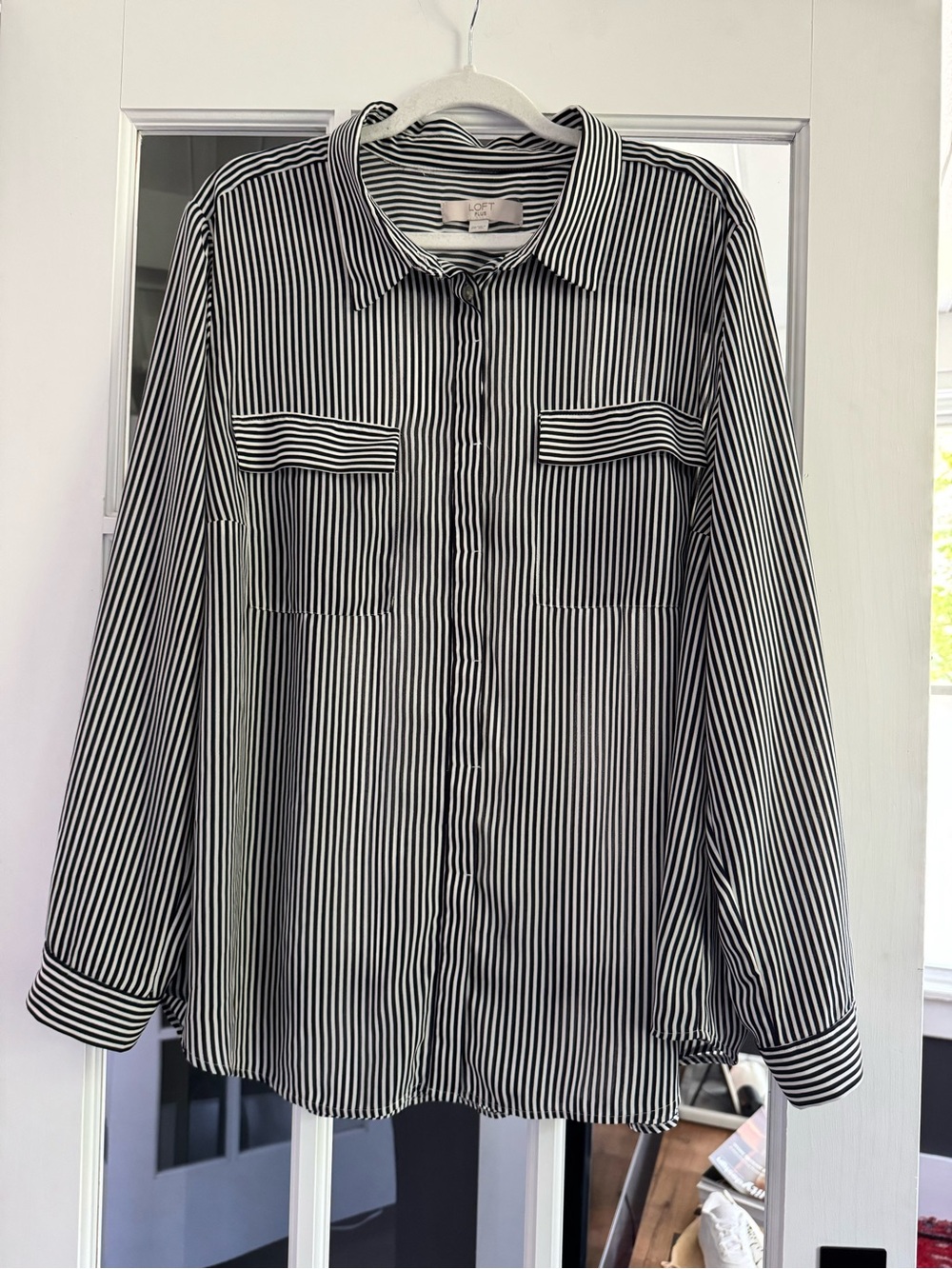 LOFT Plus Black and White Striped Button-Front Shirt